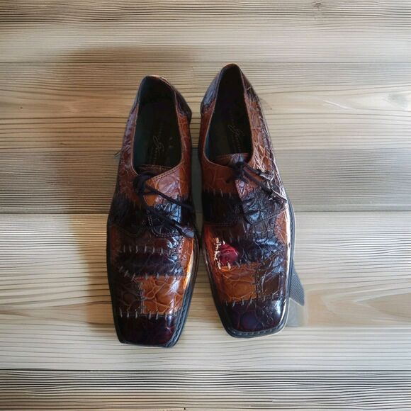 Giorgio Brutini Mens Derby Shoes 9.5M Brown Square Toe Croc Embossed Patchwork - Picture 1 of 11